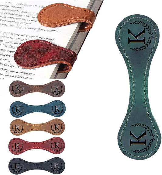 Personalized Magnetic Leather Bookmark, 26 Letters Custom Leather Bookmarks, Handmade, Leather Magnetic Bookmark for Book Lovers Readers Women Kid(Green，K）