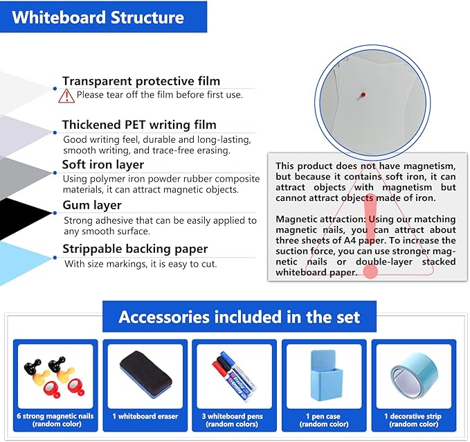 Magnetic Dry Erase Whiteboard Paper with Adhesive, 47" x 23" White Board Film for Wall, Easy to Write and Clean Dry Erase Board for Office, Classroom, Home, Include Marker, Magnetic Eraser and Magnets