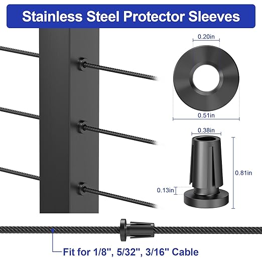 BLIKA Upgraded 100 Pack Stainless Steel Black Protector Sleeves for 1/8" 5/32" or 3/16" Deck Cable Railing, for Metal Posts, T316 Marine Grade, Cable Railing Protector Sleeves, Cable Railing Post Kits