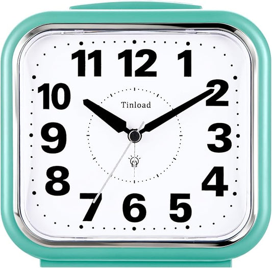 Tinload 5.5" Large No Ticking Analog Alarm Clock,Silent Readable for Seniors,Easy to Set,Gradual Rise Alarm,Big Numbers,Gentle Wake,Snooze, Lighted on Demand,Battery Operated,Green