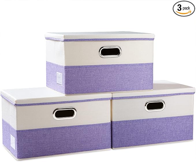 PRANDOM Large Foldable Storage Bins with Lids [3-Pack] linen Fabric... (Purple..