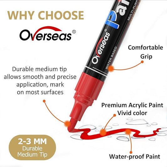 Overseas Silver Paint Pens Paint Markers - Permanent Acrylic Markers 12 Pack, Water-Based, Quick Dry, Waterproof Marker Pen for Rock, Wood, Plastic, Metal, Canvas, Glass, Mugs. Medium Tip