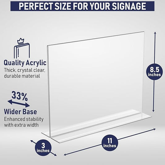 Acrylic Sign Holder 11 x 8.5 - Acrylic T Shape Table Top Display Stand, 6 Pack, Double Sided, Bottom Load, Landscape Style Menu Ad Frame. Perfect for Restaurants, Promotions, Photo Frames, Classroom