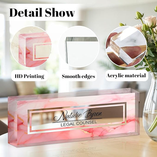Personalized Name Plate for Desk, Custom Acrylic Desk Name Sign, Office Appreciation Gifts for Women Men Coworkers Boss Teacher Employee (Pink Marble)