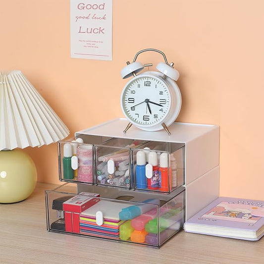 OSteed Desktop Drawers, Desk Organizer with 3 Drawers & Upright Handles, Stackable Plastic Storage Box for Home Collection, Cosmetics, Office Supplies (1 Tall Layer, White & Clear)