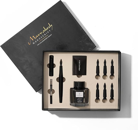 Ellington Pens Luxury Calligraphy Set - Premium Fountain Pen with 6 Nibs, 50 ml Black Ink Bottle, 6 Cartridges, Converter, Elegant Gift Box – Perfect for Drawing, Writing, Gifting (The Stealth)