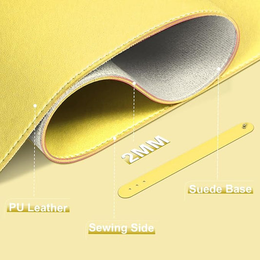 Leather Desk Pad Protector, 47.2'' x 23.6'', Suede Base Sewing Desk Blotter, Non-Slip Office Mat, Waterproof Writing Pad - Yellow