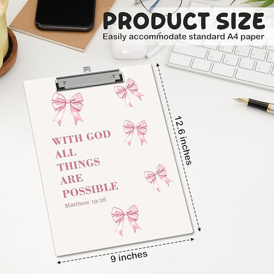 APIILVPQ Bible Verse Clipboard, Pink Bow Clipboards with Low Profile Clip for Office School Use, Christian Wooden Clip Boards for Nurses Teachers Students - B03