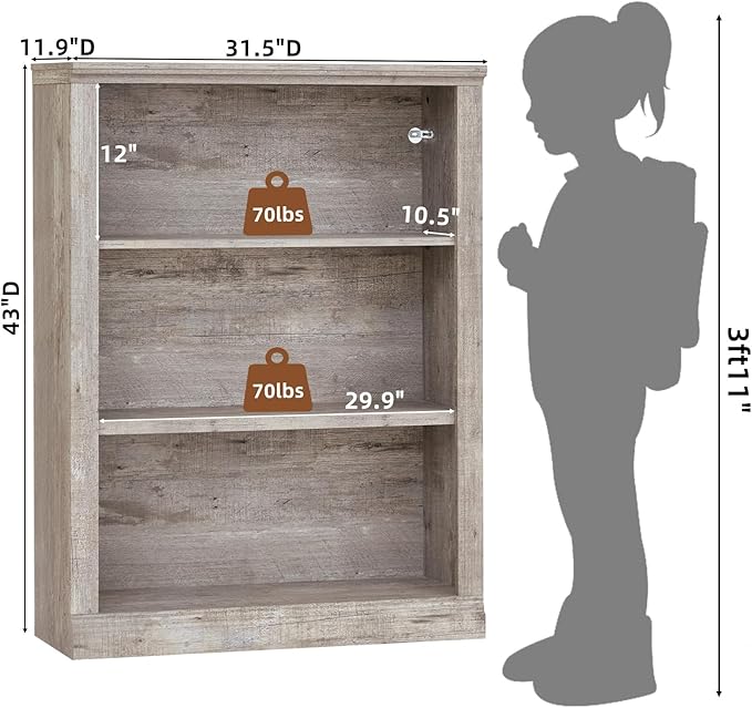 RWYHG 43" Grey Tall Bookshelf Set of 2,3-Tier Thick Wooden Book Shelf with Adjustable Shelves,Free Standing Farmhouse Bookcase with Open Display Storage,Floor Vintage Bookshelves for Living Room