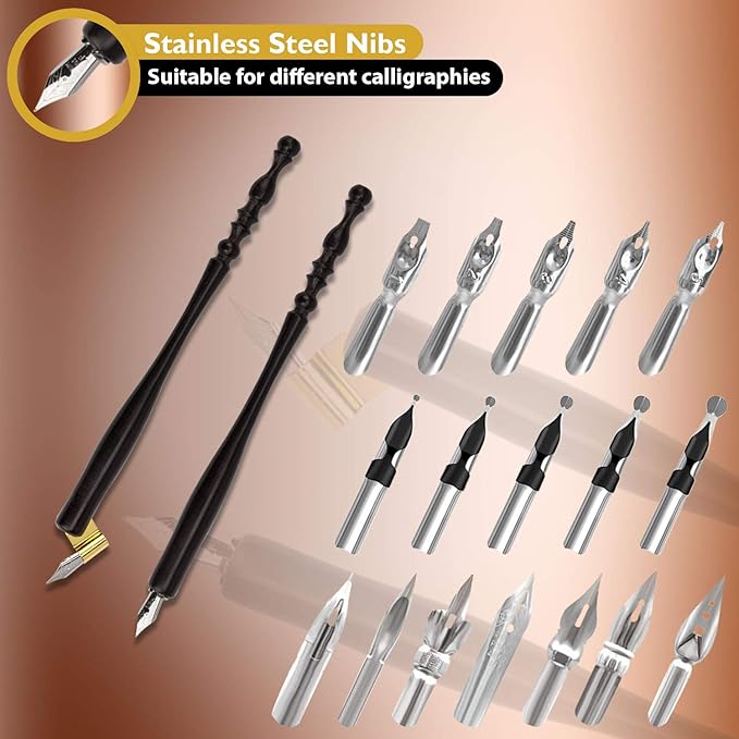 Trustela Calligraphy Set for Beginners — 19 Nibs, Oblique Pen Holder, Wooden Set