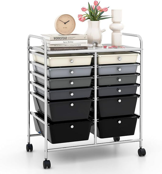LDAILY 12 Drawer Rolling Storage Cart, Craft Cart Organizer on Wheels w/Metal Frame, Large Capacity & Smooth Drawer, Rolling Cart w/Drawers for Classroom, Office