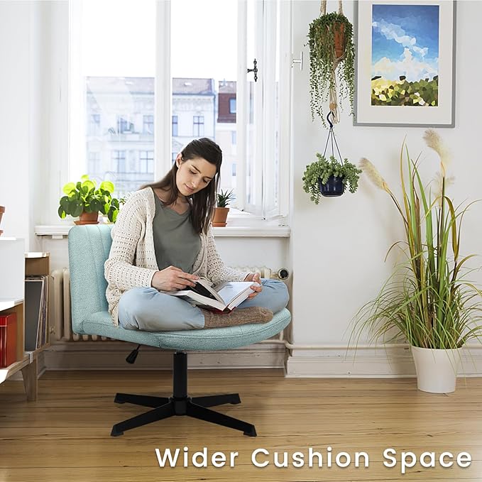 PUKAMI Criss Cross Chair,Armless Cross Legged Office Desk Chair No Wheels,Fabric Padded Modern Swivel Height Adjustable Mid Back Wide Seat Computer Task Vanity Chair for Home Office(Mint Green)