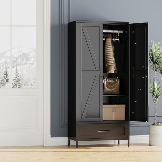 SUPEER Metal Wardrobe Cabinet with 1 Drawer and Hanging Rod, 70.9" H Metal Armoire Wardrobe Closet with Adjustable Shelf for Bedroom, Laundry Room, Home,Office,Installation Required,Black