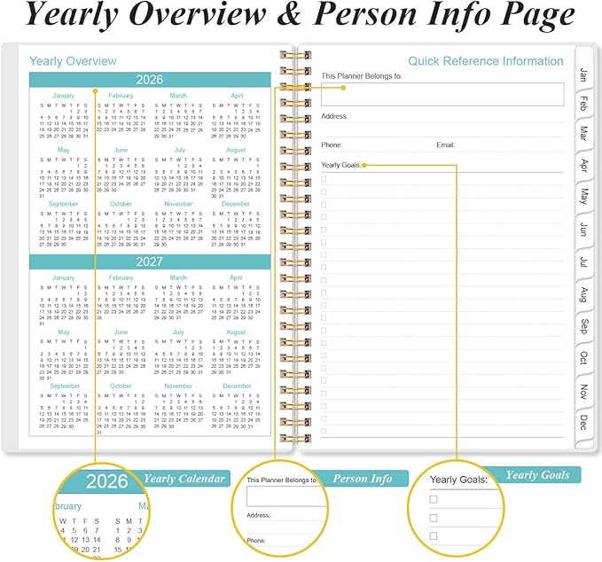 2026 Planner - Planner 2026 from January 2026 to December 2026, Weekly & Monthly Planners Spiral Bound with 12 Monthly Tabs, Inner Pocket, 6.4" x 8.5", Rose
