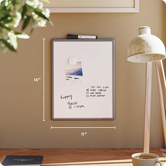 U Brands Contempo Magnetic Dry Erase Board White Board, 11" x 14", Gray Modern Frame, Includes Magnet and Marker