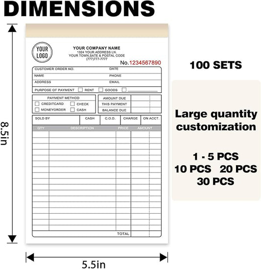 Custom 5.5" x 8.5" Invoice Book with Logo 100 Set Personalized Receipt Books Customized Invoices for Small Business 2 - Parts Carbonless Duplicate Invoice Forms NCR Books