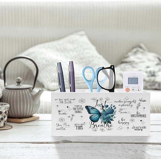 Exqcom Just Breathe Inspirational Pen Pencil Holder, Therapy Office Decor, Teal Butterfly Flower Mental Health Pencil Pen Holder Organizer for Home Counseling Office Desk Accessories