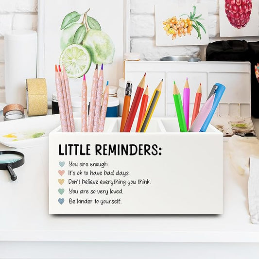 XPH Little Reminders Inspirational Pen Pencil Holder Organizer for Desk, Positive Gifts, Mental Health Motivational Wooden Box Sign for Therapy Counselor Office Classroom Desk Tabletop Decorations