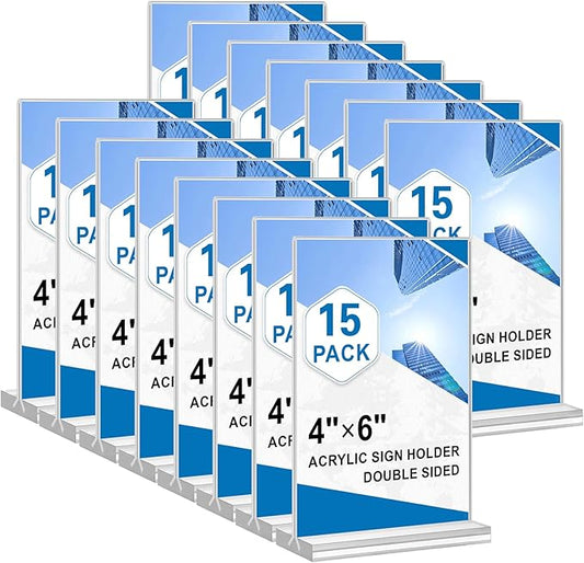 Acrylic Sign Holder 4x6, 15 Pack Clear Double Sided Menu Vertical Display Stand, Desktop Paper Holder Suitable for Restaurants, Office, Store, Show Fair