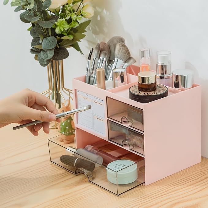 QIYVLOS Multi-Function Desk Organizer — 3 Drawers, 8 Compartments, Pink