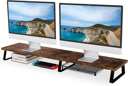 Aothia Dual Monitor Stand Riser with Drawer — Metal Leg Desk Shelf