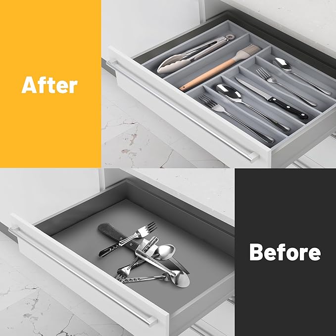 oridom Kitchen Bamboo Silverware Organizer, Kitchen Drawer Organizer - Utensil Holder and Cutlery Tray with Grooved Drawer Dividers for Flatware 7 Slot, Grey