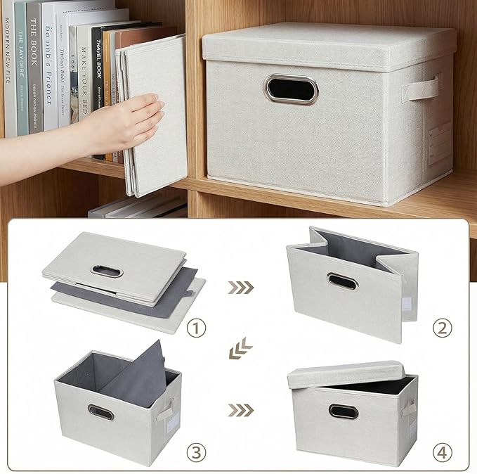 PRANDOM Storage Bins with Lids [3-Pack] Linen Fabric Foldable Storage... (Beig..