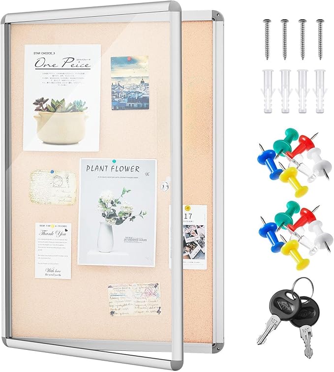 Geetery 36 x 48 Inch Enclosed Fabric Bulletin Board Tamperproof Lockable Noticeboard Fabric&Aluminium Frame Display Cases Wall-Mounted Display Case for School, Office - Secure,Durable Design(Beige)
