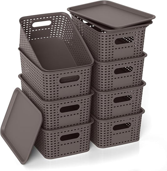 ZFTMRR Plastic Storage Basket with Lid, Stackable Small Box Bins for Organizing and Containers for Shelves Drawers Desktop Closet Playroom Pantry Classroom Office Home, 8 Pack 10.2x7.2x4.1 Inch, Brown