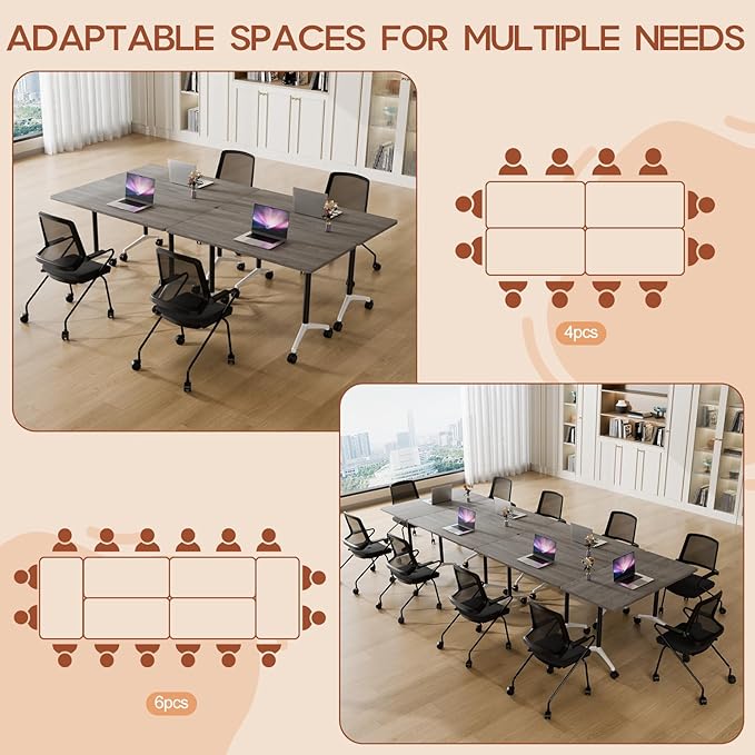 Folding Conference Table 4ft 5ft, Foldable Office Meeting Desk for 6 People, Multiple Sizes Colors Mobile Conference Room Table for Training Room School Business Furniture (6, Grey, 71in)