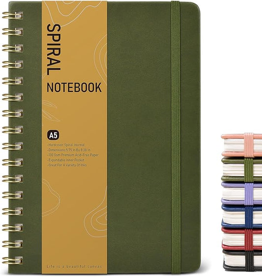 Office Prime Graph Spiral Notebook — A5, 5.75×8.38 in, 150 Pages, Olive Green