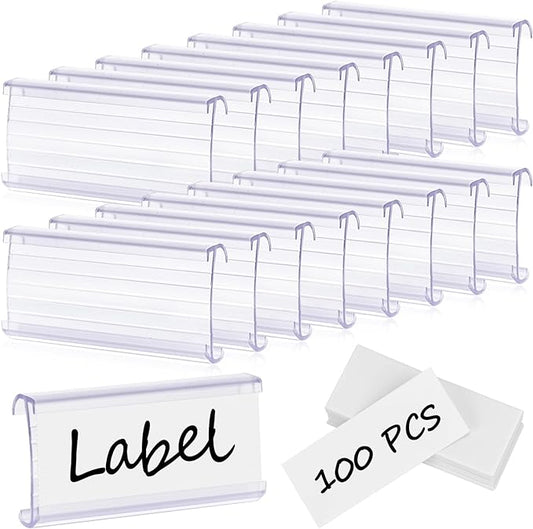 100 Pcs Wire Shelf Label Holder with Paper Inserts, Compatible with 1-1/4 Inch Shelves, Plastic Shelf Tags for Wire Shelving Label Clips with Label Paper Removable Wire Rack Label Holder Display Clip