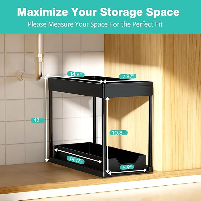APWNRJA Under Sink Organizers 2 Pack, Pull-Out Sliding Cabinet Organizer with 2-Tier Storage Shelf & 4 Hooks, Multi-Purpose for Kitchen & Bathroom (13 Inch, Black)