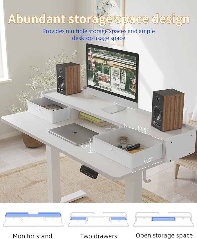 YIHAYO Electric Standing Desk with Drawers, 55 x 24 Inches Adjustable Desk with Storage Shelf, Stand Up Desk with Splice Board, Computer Table for Home Office,White Frame/White Top