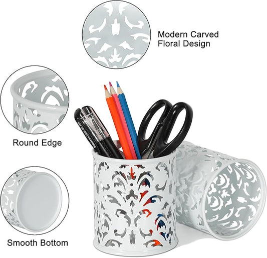 EasyPAG White Pen Holder for Desk, 2 Pack Round Pen Organizer, Brush Holder for Vanity, Metal Pencil Cup Organizer for Home, Office, Classroom, School