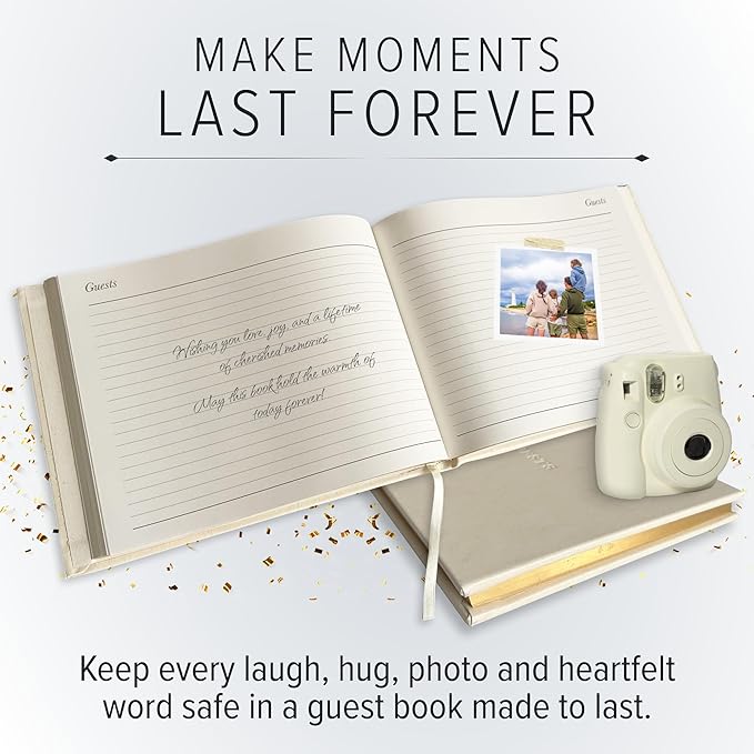 Gallery Leather Guest Book - Great for Wedding, Reception, Baby and Bridal Shower, Birthday Party and Vacation Home - 192 Lined Pages to Sign in, add Polaroid Photo - Hardcover 9x7" - Acadia Tan