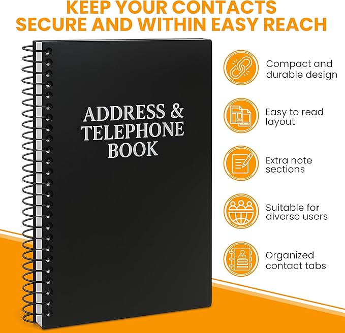 Iconikal Address Telephone Book, 8x5-Inch, Black, Spiral-Bound, 384 Contacts, Organizer for Organizing Names, Addresses, Email, Cell Phone Numbers