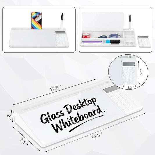 Glass Desktop Whiteboard with Calculator & Storage, Desk Dry Erase Note Memo Board, Compact Desk Organizer for Desk, Office, School Supplies, White, 2026