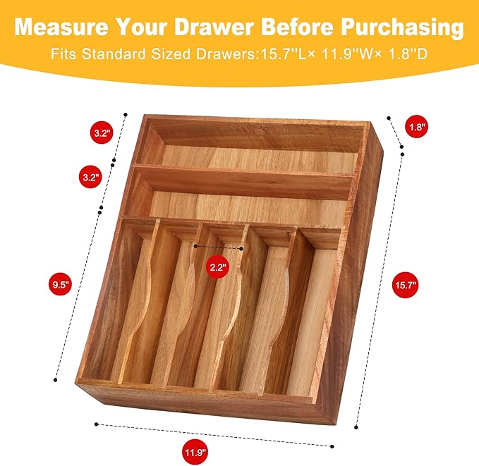 Oridom Kitchen Acacia Silverware Organizer - Extra Deep Grooved Drawer Divider, 7 Slot Utensil Organizer