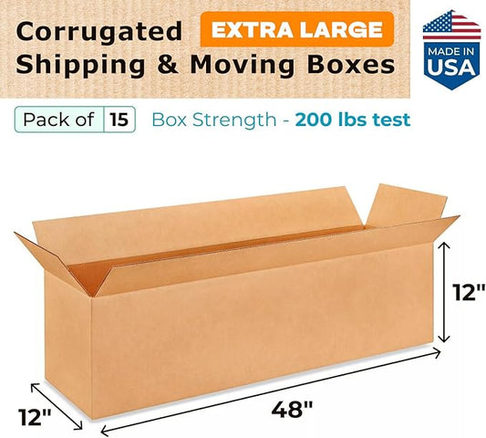 Extra Large Shipping & Moving Boxes 48"L x 12"W x 12"H (15-Pack) - Extra Strength 200 lb vs Regular Boxes - Corrugated Cardboard Boxes for UPS Shipping - Strong Shipping Box by IDL Packaging