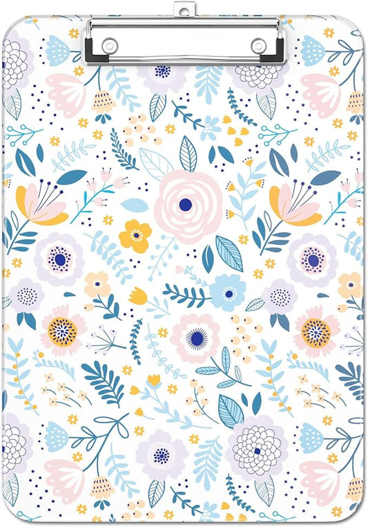 Luminzo Plastic Cute Clipboard Low-Profile Metal Clip, A4 Letter Size 9 x 12.5 in, 8.5 x 11 Paper Clip Board for Teachers, Nurses, Classroom,Cute Flowers