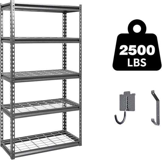 Shuntong The Atlas 30" W x 12" D x 60" H Adjustable Garage Storage Shelves Load 2500 lbs, 5 Tier Heavy Duty Shelving Unit, Metal Utility Storage Rack for Warehouse Pantry Basement Kitchen, Dark Grey