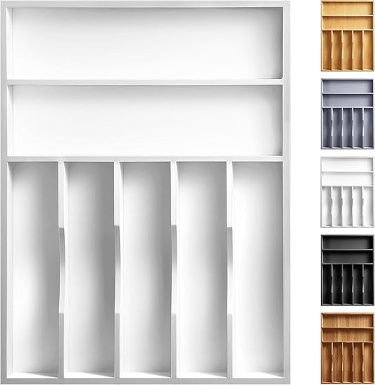 oridom Kitchen Bamboo Silverware Organizer, Kitchen Drawer Organizer - Utensil Holder and Cutlery Tray with Grooved Drawer Dividers for Flatware 7 Slot, White