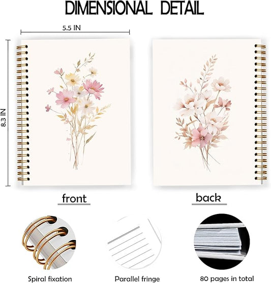 JWVK Elegant Flower Spiral Notebook, Rustic Cottagecore Floral Botanical Notebooks for Note Taking, Floral Aesthetic Journal for Women, Girly Office Supplies, 5.5x8.3 Inch