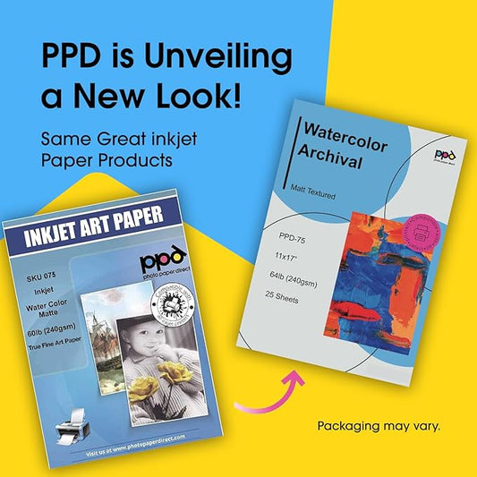 PPD Watercolor Printer Paper, 11 x 17 inches, 25 Sheets, Heavy 240 gsm/60 lb, Textured, Acid-Free, Compatible with Inkjet Printers