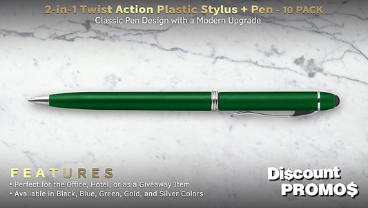 DISCOUNT PROMOS Twist Action Plastic Stylus Pens, Set of 10, Bulk Pack - Pens for Work, Cool Pens for Writing, Black Ink - Green