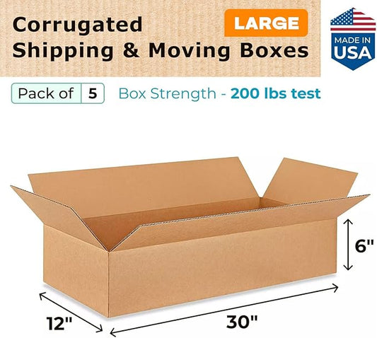 Large Shipping & Moving Boxes 30 x 12 x 6 inches (5-Pack) - Extra Strength 200 lb vs Regular - Corrugated Shipping Boxes for USPS/FEDEX - Large Cardboard Moving Box by IDL Packaging