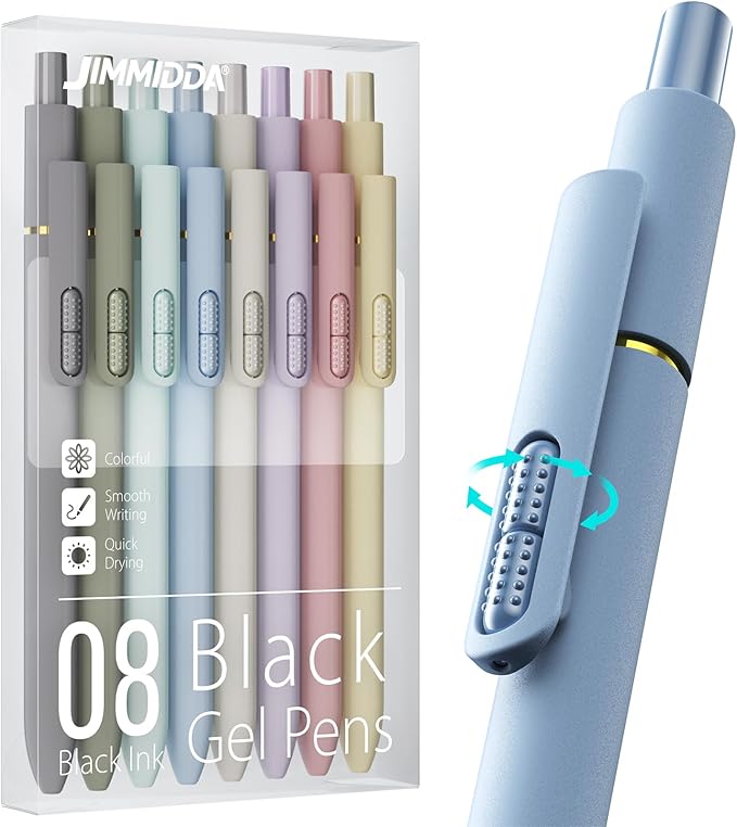JIMMIDDA 8Pcs Black Gel Pens - 0.7mm Medium Point Black Ink Pens | Smooth Writing - Quick Drying Retractable Pen for Men Women (Morandi - 8Pcs)
