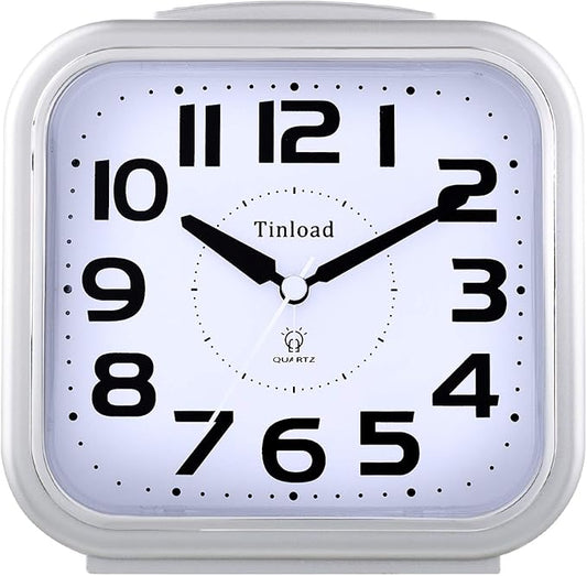 Tinload 5.5" Large Analog Alarm Clock Silent Non Ticking, Gentle Wake, Beep Sounds, Increasing Volume, Battery Operated Snooze and Manual Light, Easy Set, Silver