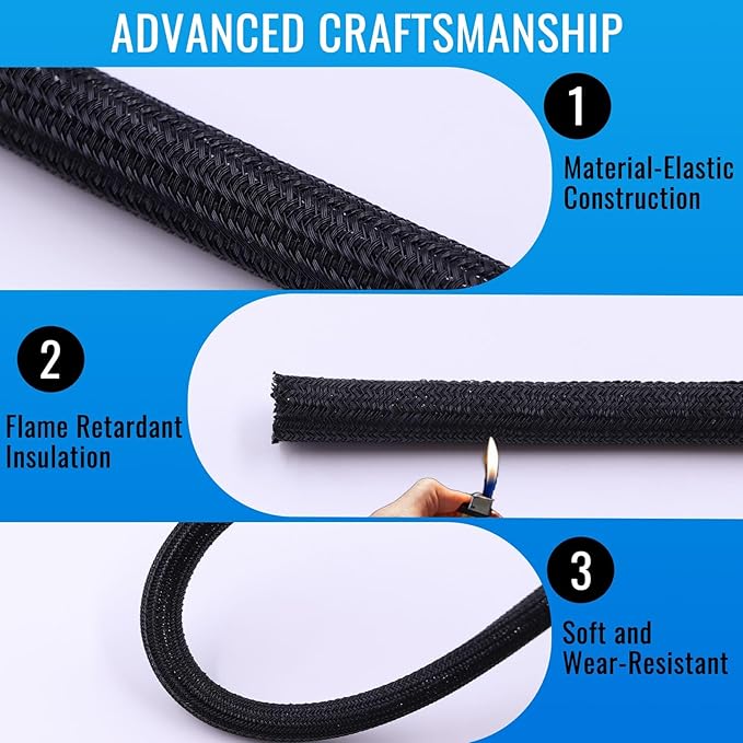Flauzmann 3/8" Braided Cable Sleeve - 10Ft Cat Cord Protector Split Wire Loom Tubing Flexible Self Wrapping for USB, Audio, Automotive Cord, Dog Chew Proof Cable Protector - Black